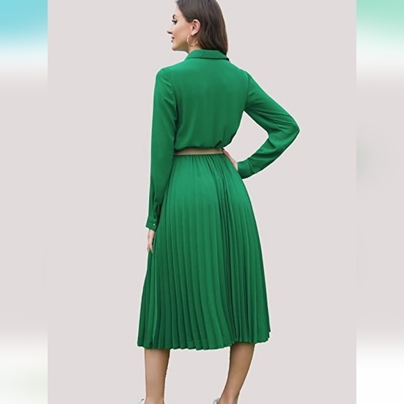 Abletree Emerald Green Pleated Midi Dress Belted Long Sleeve A-Line #551 Abletree Emerald Green Pleated Midi Dress Belted Long Sleeve A-Line #551